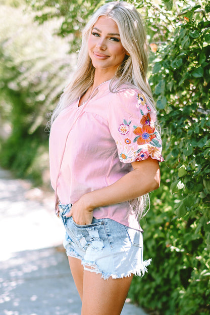 Araceli Floral Embroidered Puff Sleeve Split Neck Blouse