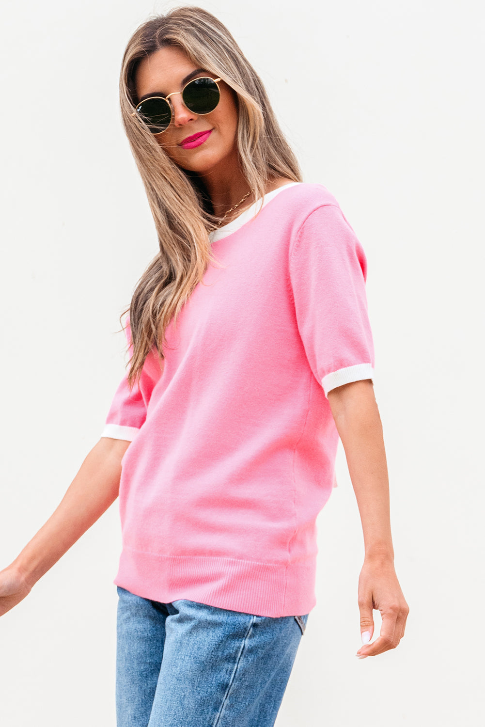 Mercy Bow V-Shape Cut Back Short Sleeve Sweater - Threaded Pear