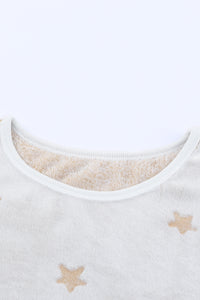 White Plush Star Pattern Long Sleeve Pullover and Shorts Lounge Set - The Gold Cactus