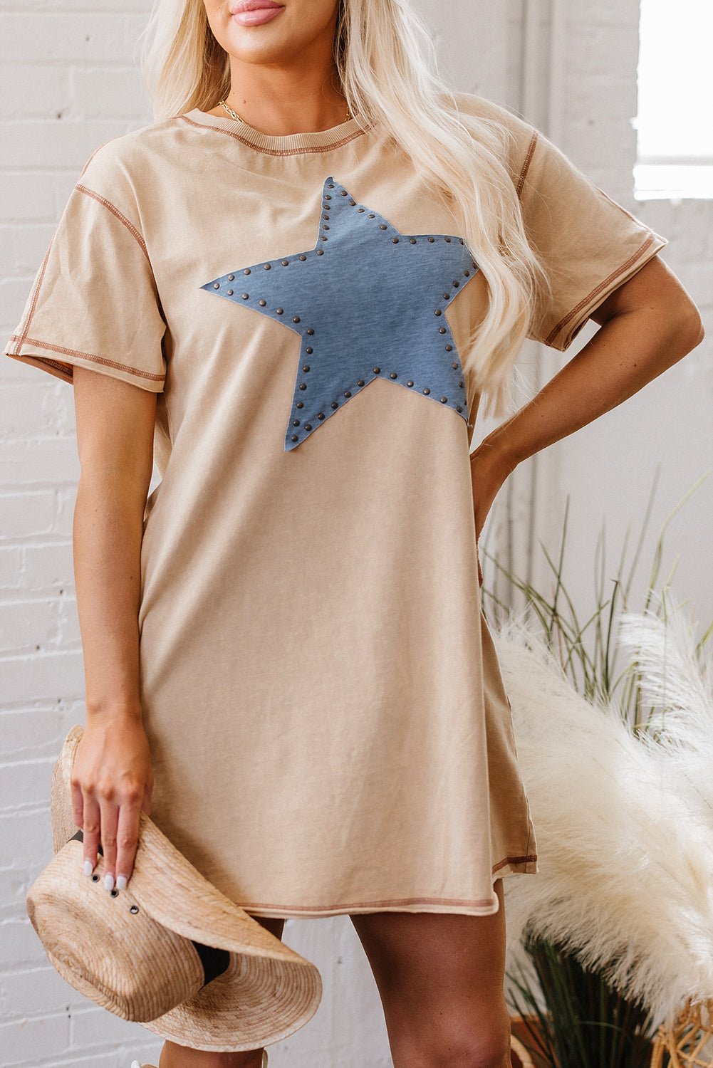 Luz Mineral Wash Star T-Shirt Dress - Threaded Pear