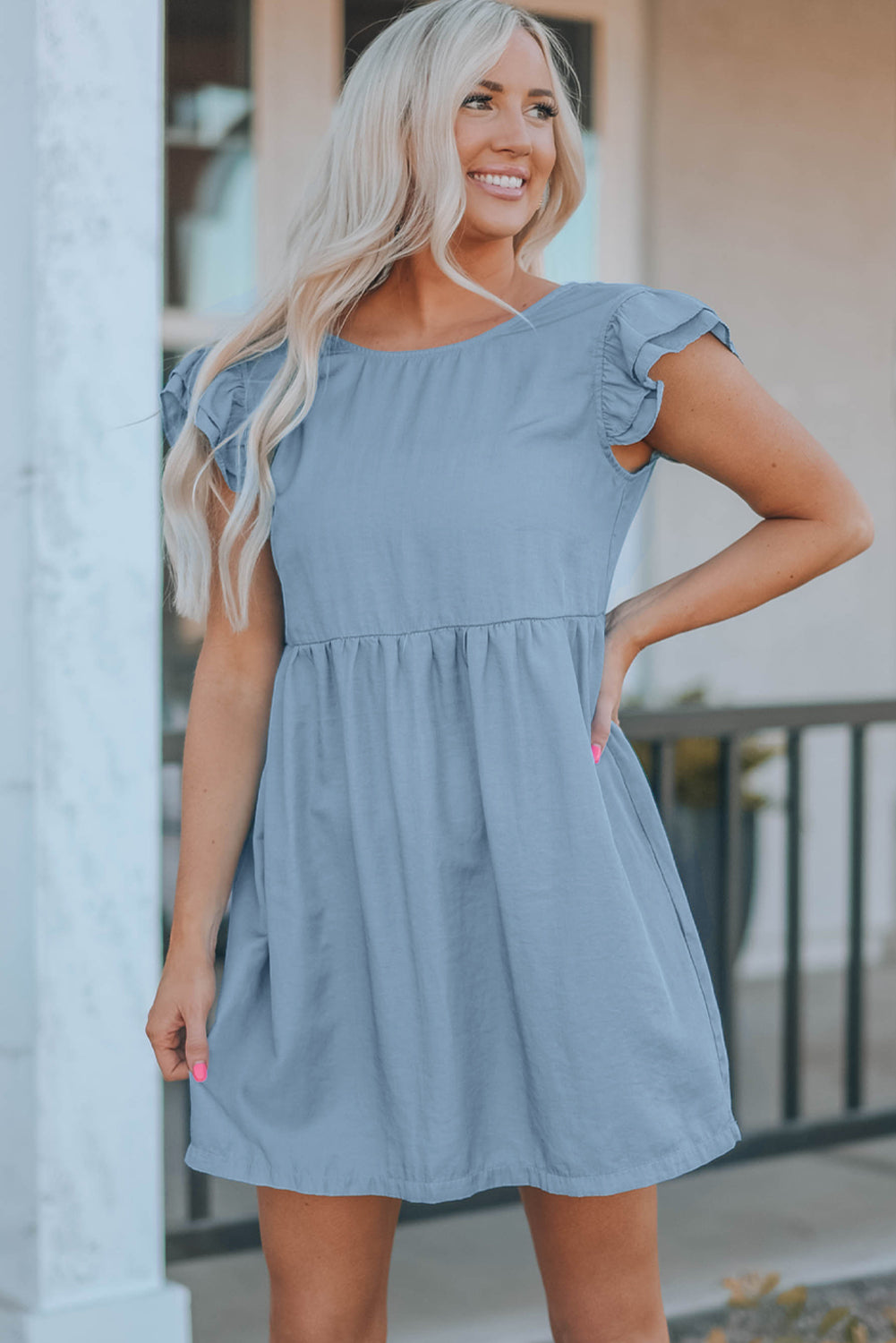 Ellis Flutter Sleeve Ruched Denim Casual Dress - Threaded Pear