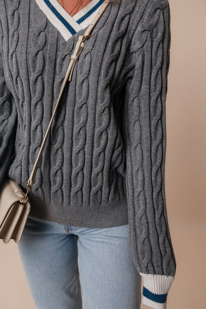 Kayle Ribbed Edge Cable Knit V Neck Sweater