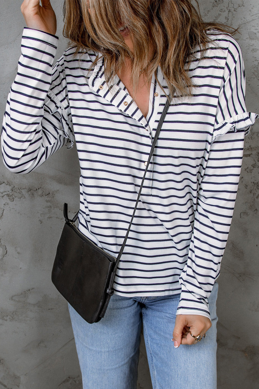 Emryn Striped Ruffled Buttoned Long Sleeve Top