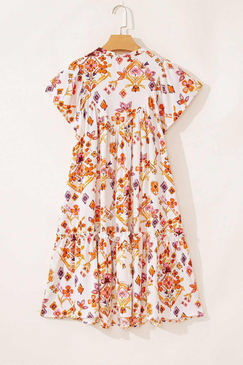Marigold Floral Ruffled Trim Flutter Sleeve Dress - Threaded Pear