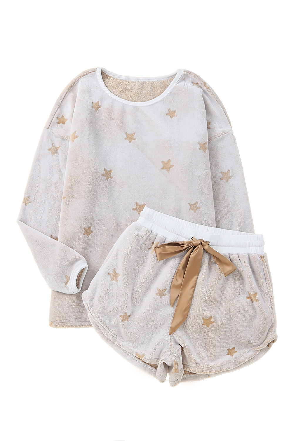 White Plush Star Pattern Long Sleeve Pullover and Shorts Lounge Set - The Gold Cactus