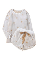 Load image into Gallery viewer, White Plush Star Pattern Long Sleeve Pullover and Shorts Lounge Set - The Gold Cactus
