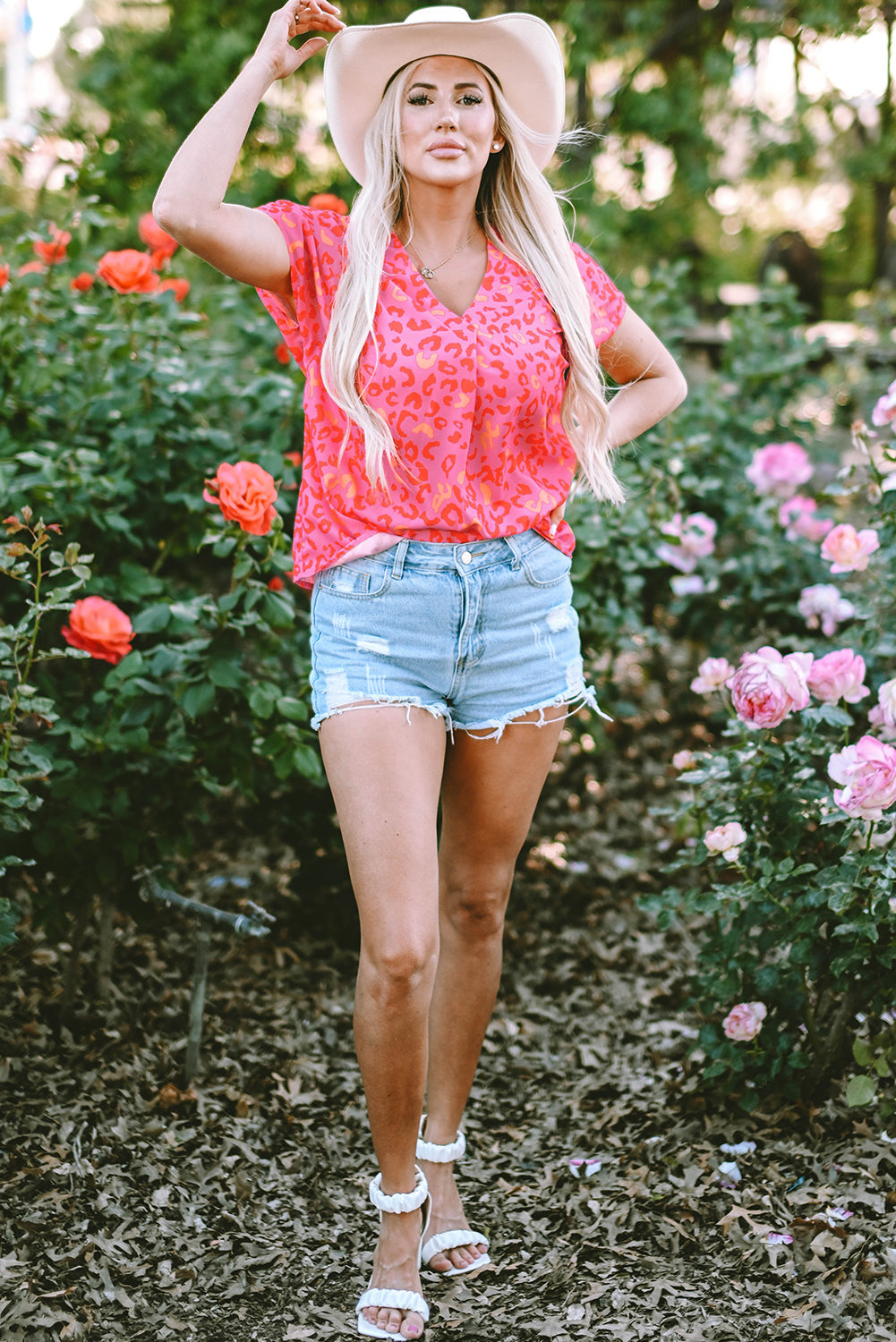 Charley Leopard V Neck Short Sleeve Blouse - Threaded Pear