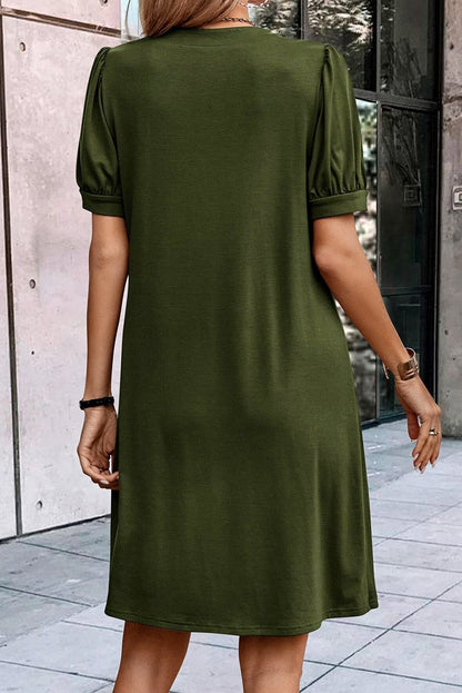 Kaitlyn Notched Neck Pleated Puff Sleeve Shift T-shirt Dress - The Gold Cactus