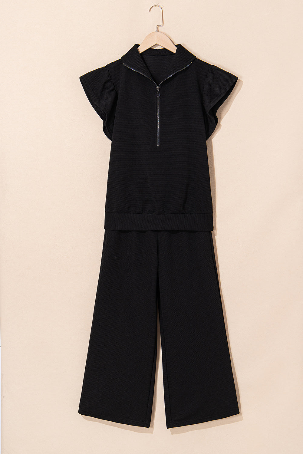 Kallie Ruffled Sleeve Zipped Top and Wide Leg Pants Set - Threaded Pear
