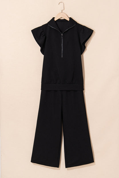 Kallie Ruffled Sleeve Zipped Top and Wide Leg Pants Set - Threaded Pear