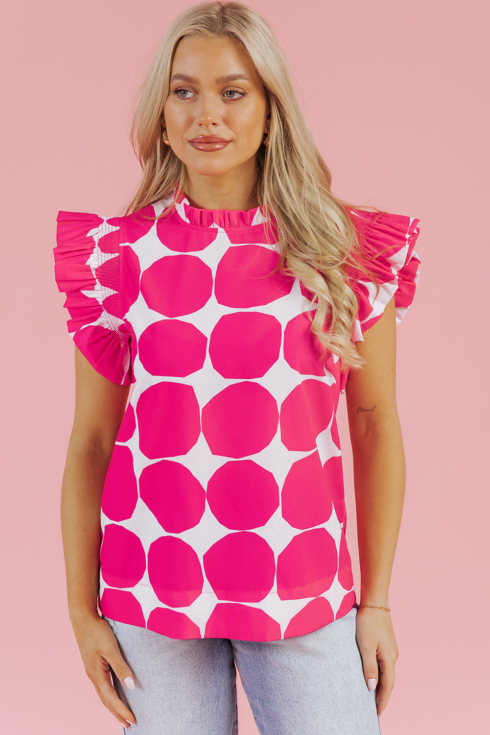 Loretta Bubblegum Pattern Frilled Top - Threaded Pear