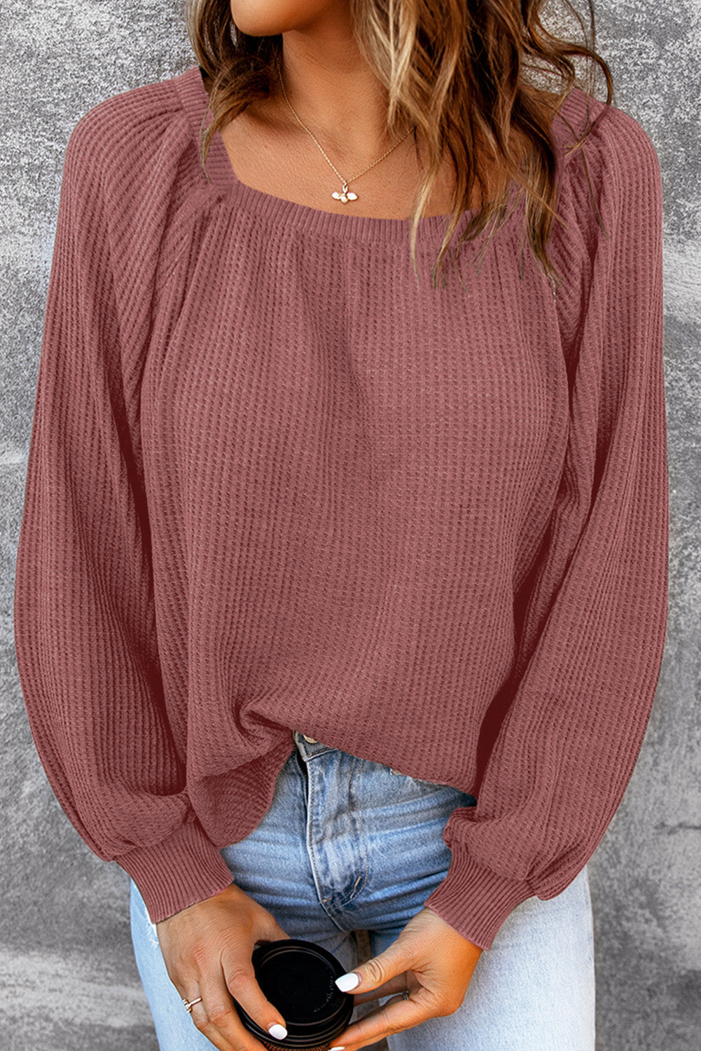 Hallie Square Neck Puff Sleeve Waffle Knit Top - Gold Cactus