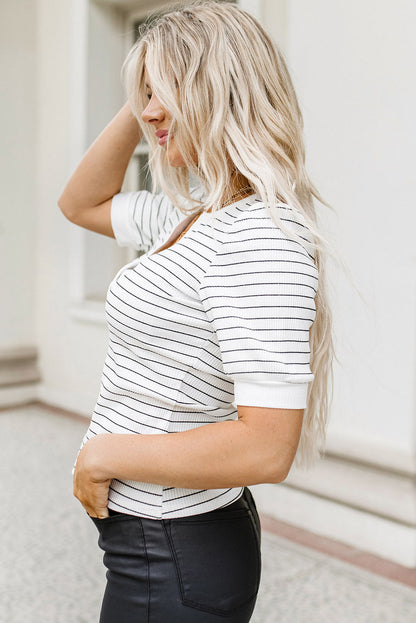 Dylan Striped Notch V Neck Short Sleeve Top - The Gold Cactus