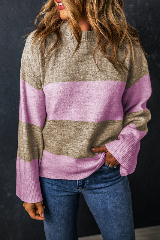 Renata Stripe Crew Neck Wide Sleeve Colorblock Sweater - The Golden Cactus