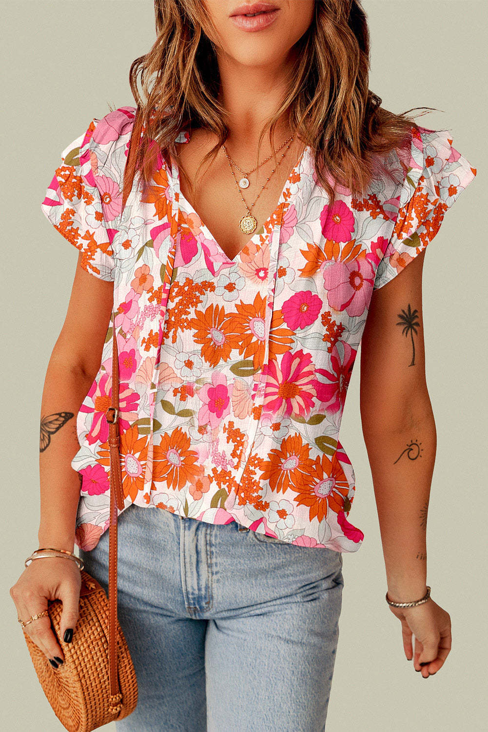 Joy Split V Neck Ruffle Sleeve Floral Blouse - The Golden Cactus