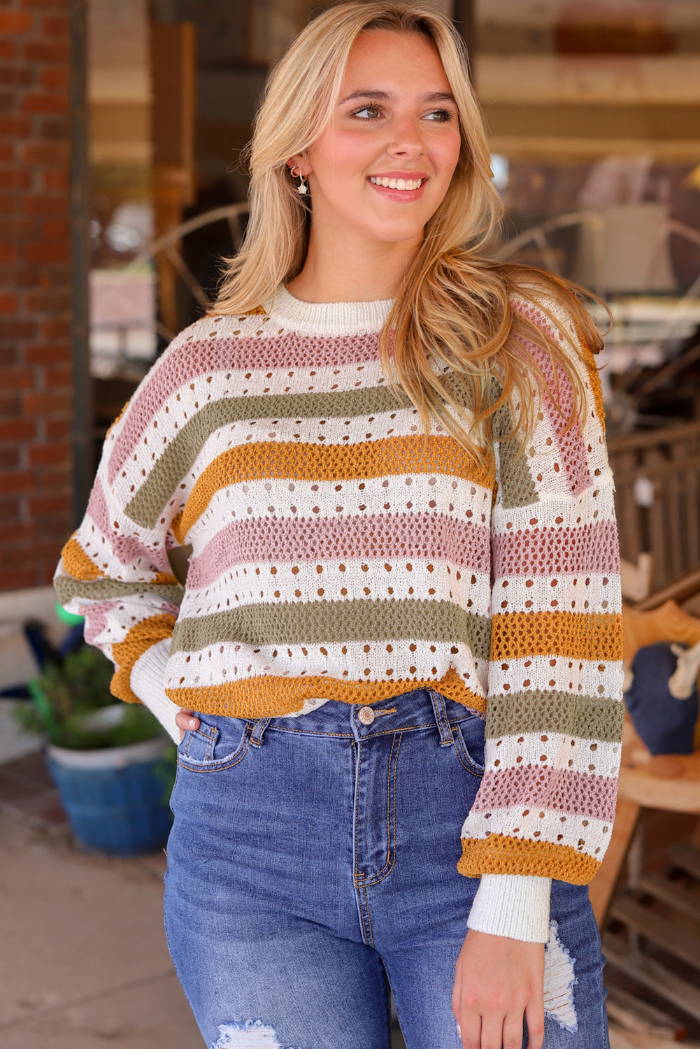 Caroline Striped Hollowed Knitted Loose Sweater - Gold Cactus