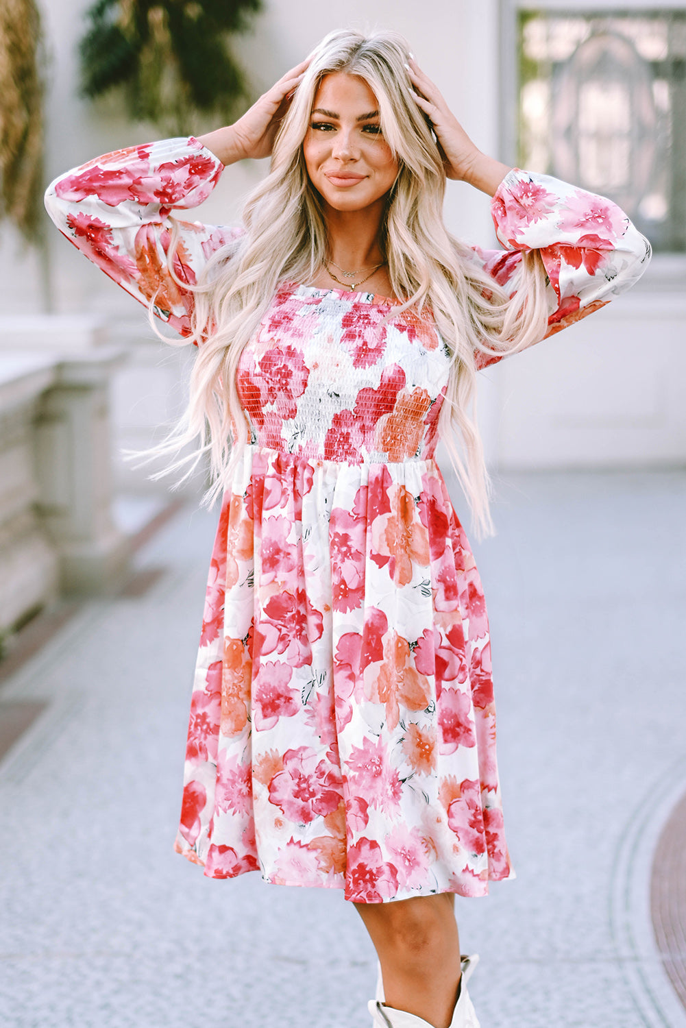 Camryn Floral Smocked Puff Sleeve Mini Dress - Gold Cactus
