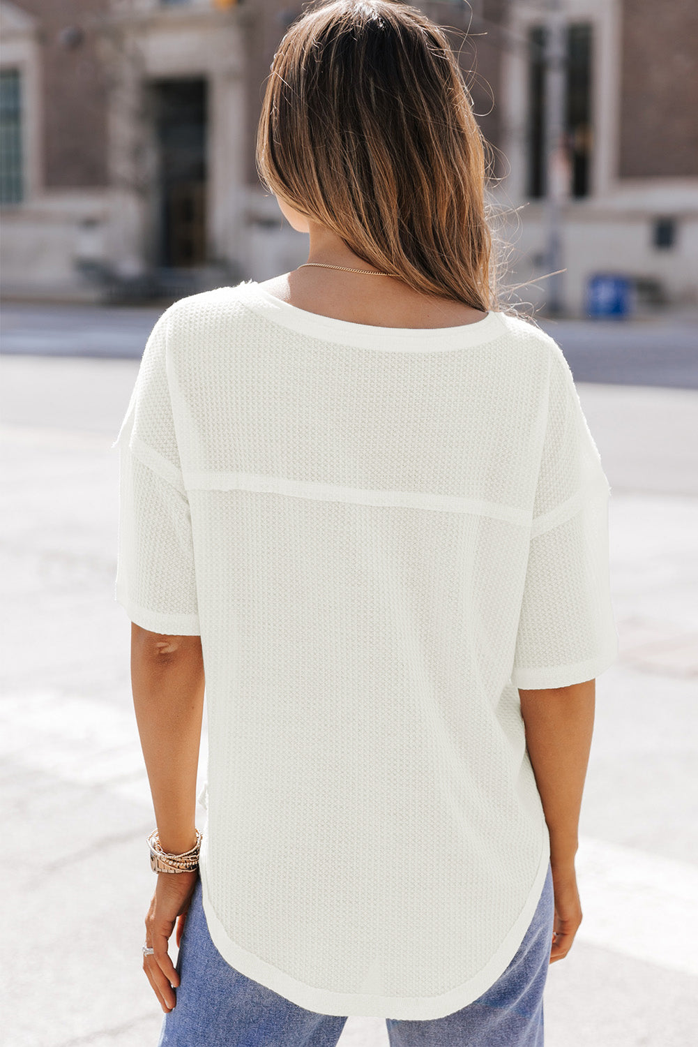 Jennifer Waffle Knit Drop Shoulder Loose Top - The Golden Cactus