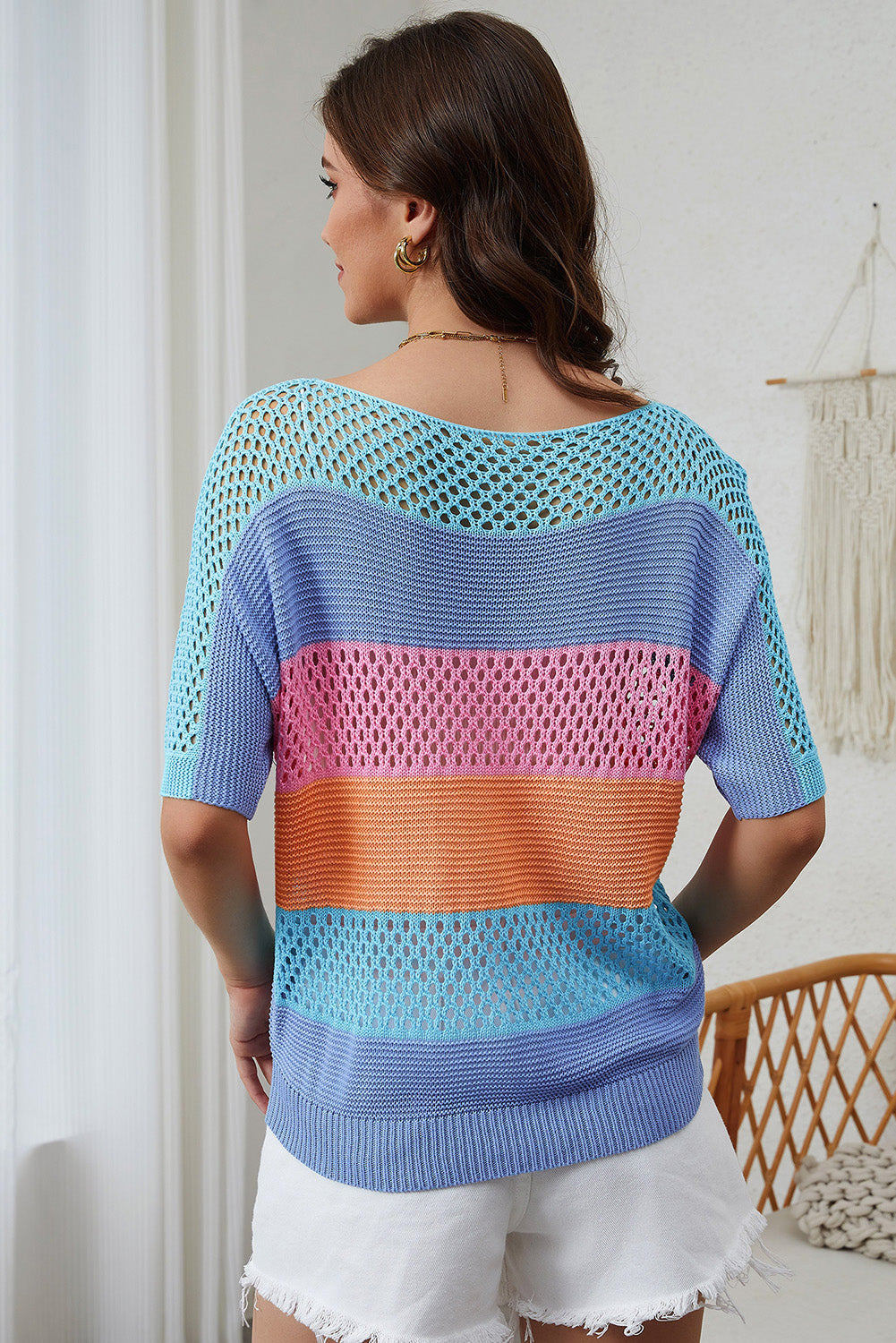 April Knitted Eyelet Colorblock Striped Half Sleeves Top - The Golden Cactus