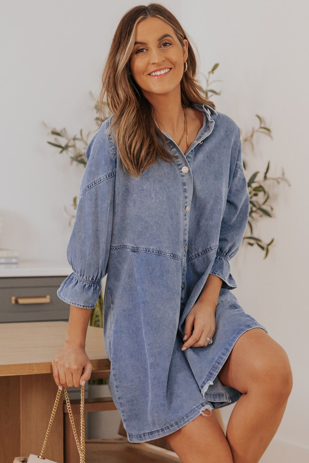 Londyn Buttoned Long Sleeve Denim Mini Dress - Gold Cactus