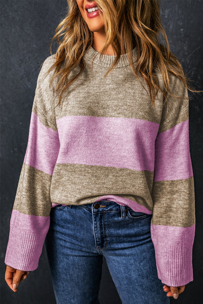 Renata Stripe Crew Neck Wide Sleeve Colorblock Sweater - The Golden Cactus