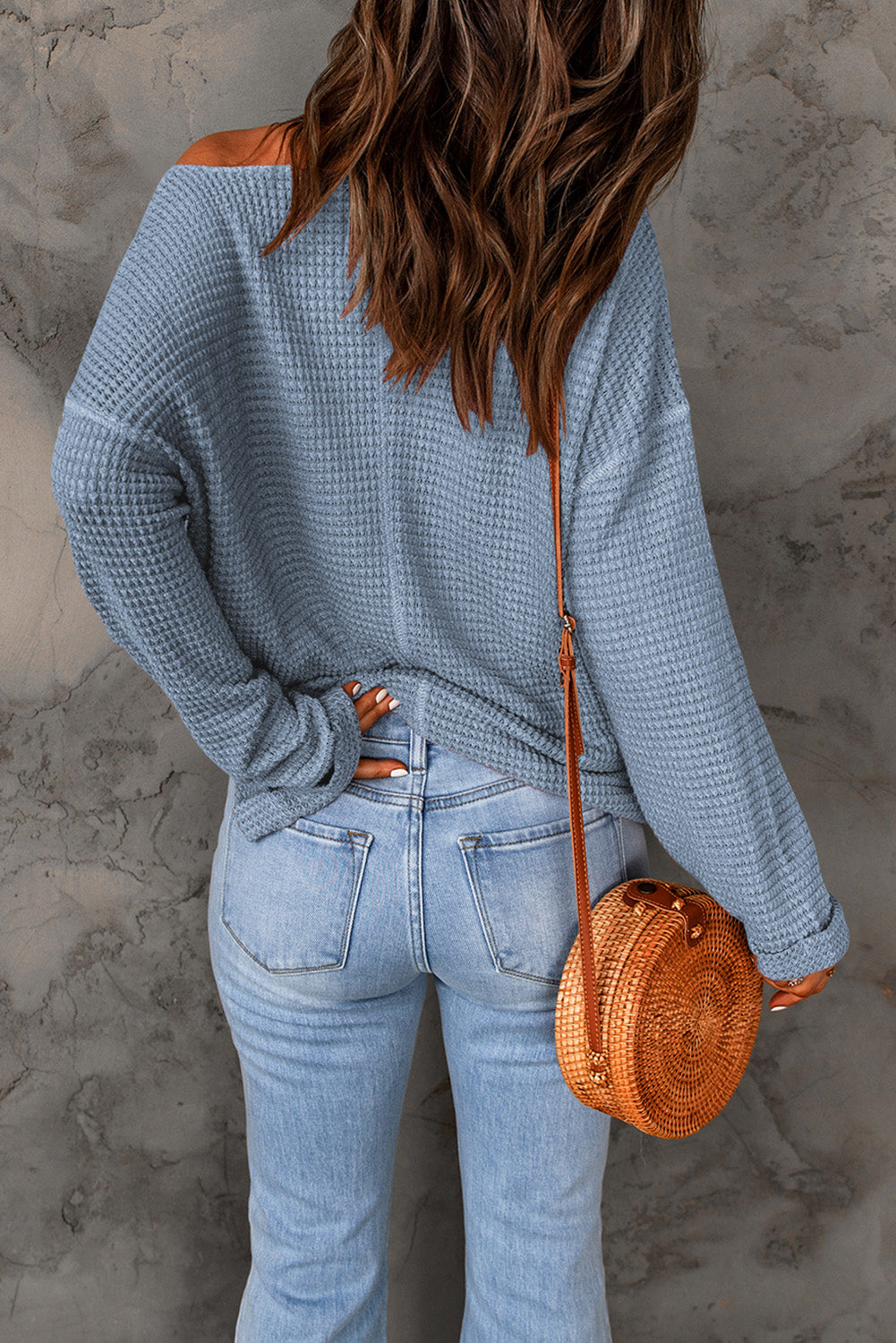 Rylie Waffle Knit Loose Long Sleeve Top - Gold Cactus