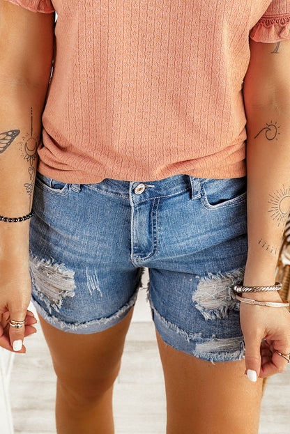 Lina Distressed Ripped Rolled Hem Sky Blue Denim Shorts - The Gold Cactus