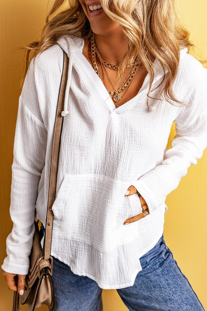 Emilia White Lightweight Crinkle Pocketed Hoodie - Gold Cactus