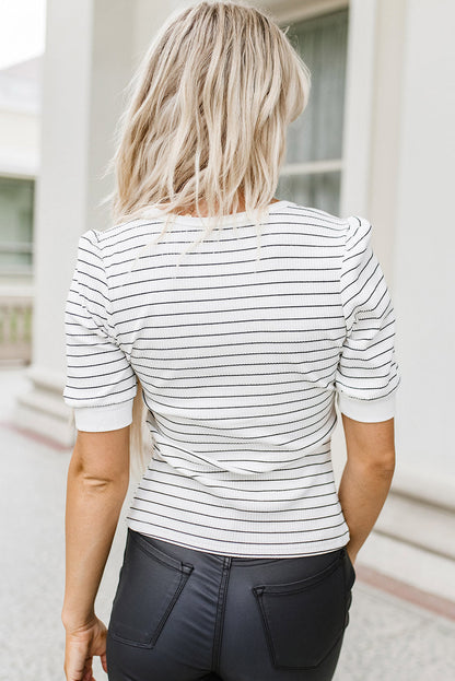 Dylan Striped Notch V Neck Short Sleeve Top - The Gold Cactus