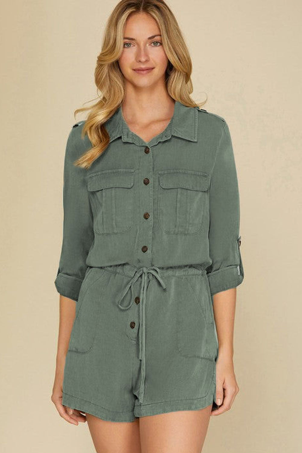 Reese Roll up Sleeve Flap Pockets Drawstring Romper - Gold Cactus