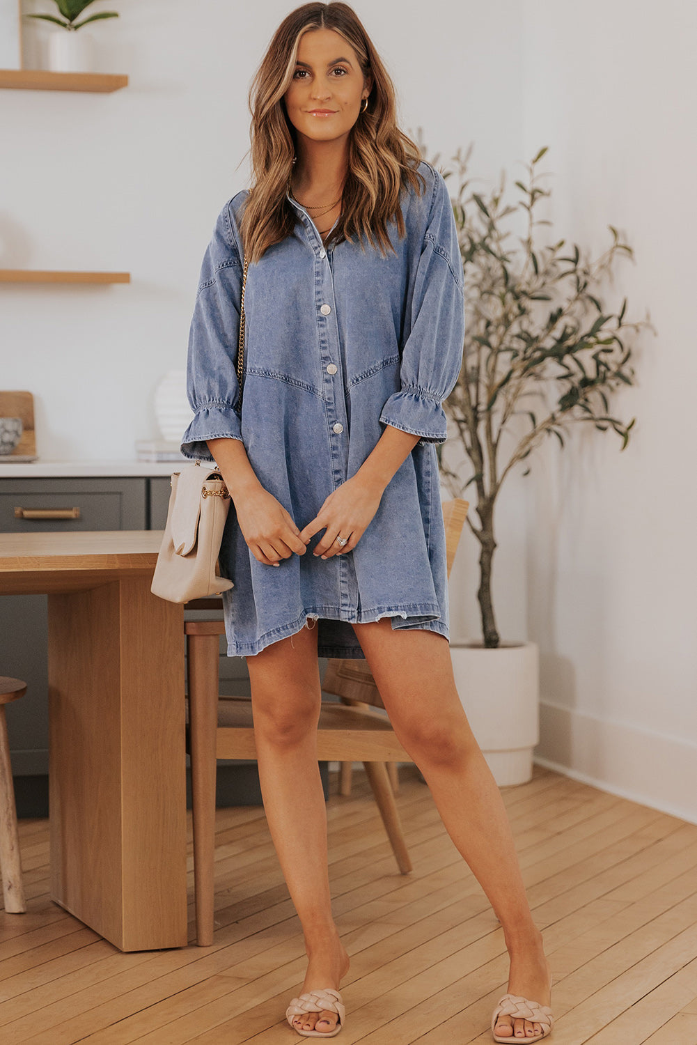 Londyn Buttoned Long Sleeve Denim Mini Dress - Gold Cactus