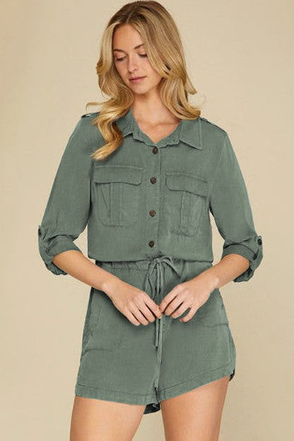 Reese Roll up Sleeve Flap Pockets Drawstring Romper - Gold Cactus