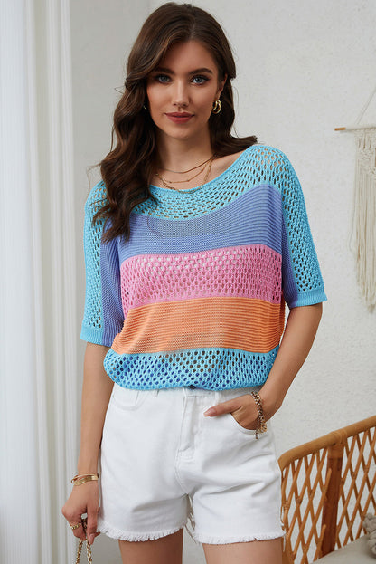 April Knitted Eyelet Colorblock Striped Half Sleeves Top - The Golden Cactus