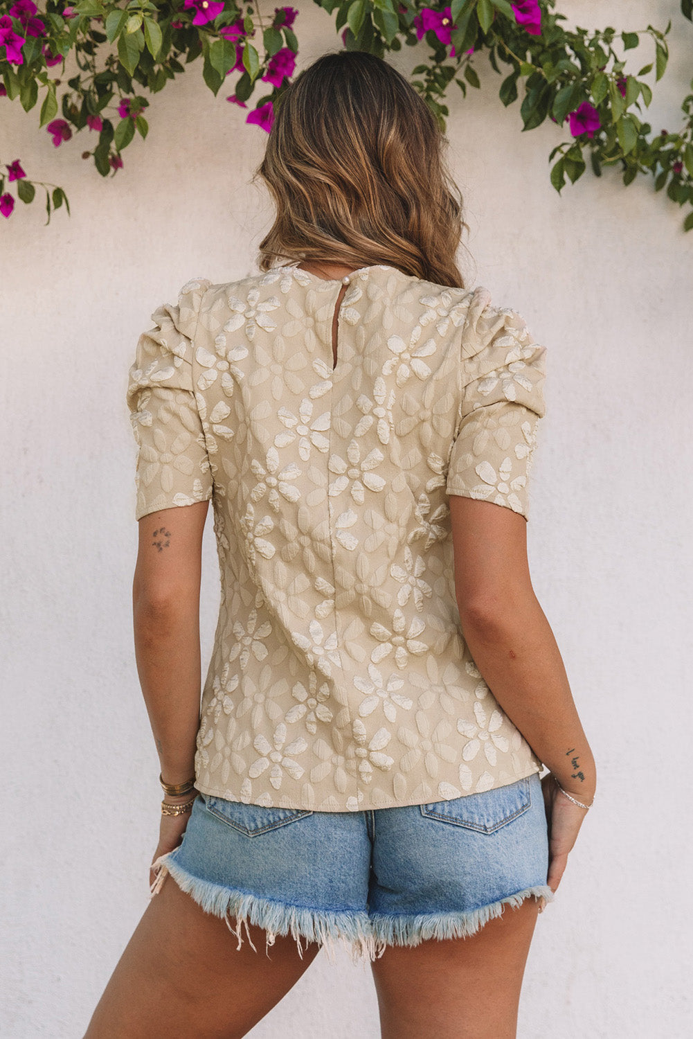 Alma Floral Lace Ruched Bubble Sleeve Top - The Golden Cactus