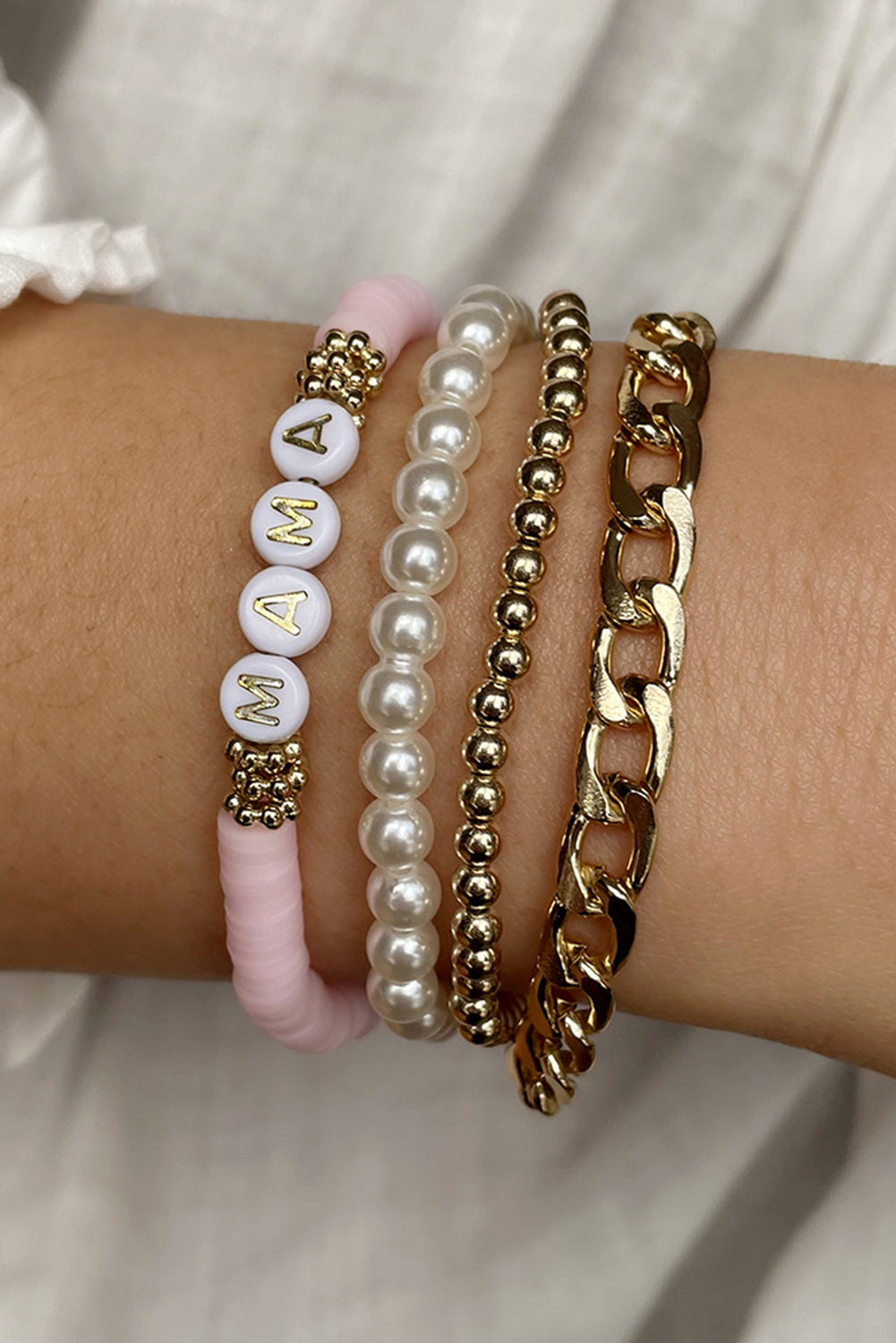 Gold 4PCS MAMA Pearls Beaded Chain Bracelets Set - The Gold Cactus