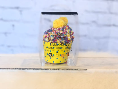 Fuzzy cupcake socks pink yellow blue