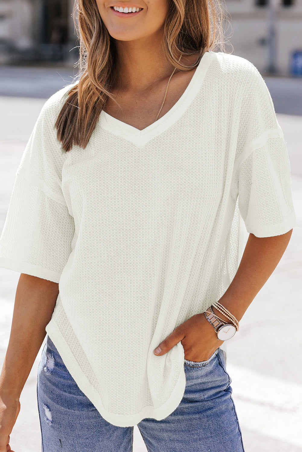 Jennifer Waffle Knit Drop Shoulder Loose Top - The Golden Cactus