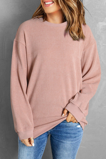 Faith Solid Ribbed Knit Round Neck Pullover Sweatshirt - Gold Cactus