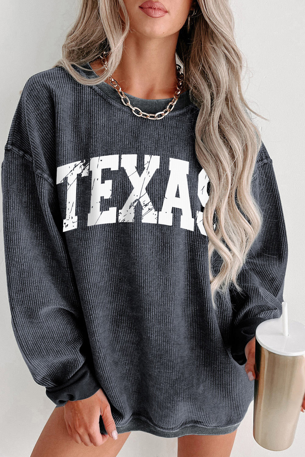 Texas Solid Ribbed Knit Round Neck Pullover Sweatshirt - Gold Cactus