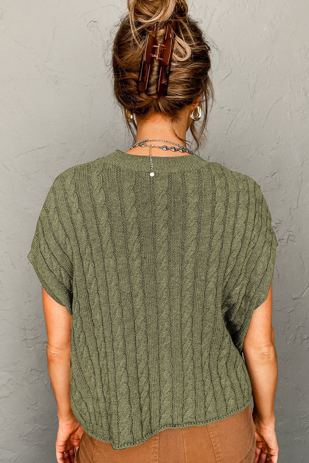 Laura Crew Neck Cable Knit Short Sleeve Sweater - Gold Cactus