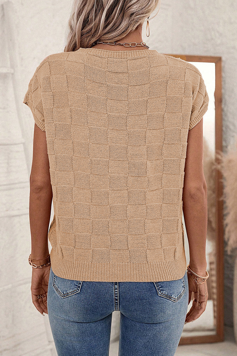 Andrea Lattice Textured Knit Short Sleeve Sweater - Gold Cactus