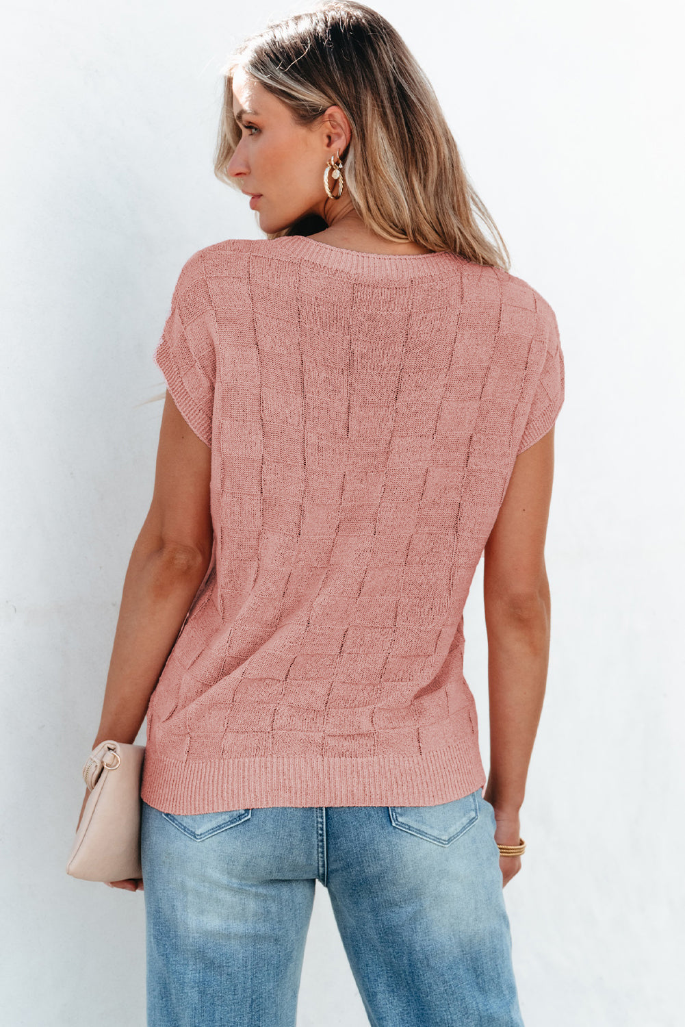 Lattice Textured Knit Short Sleeve Sweater - The Gold Cactus