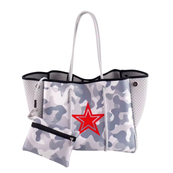 Large neoprene white camo tote bag with Red Star