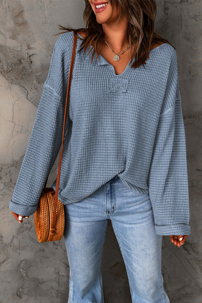 Rylie Waffle Knit Loose Long Sleeve Top - Gold Cactus