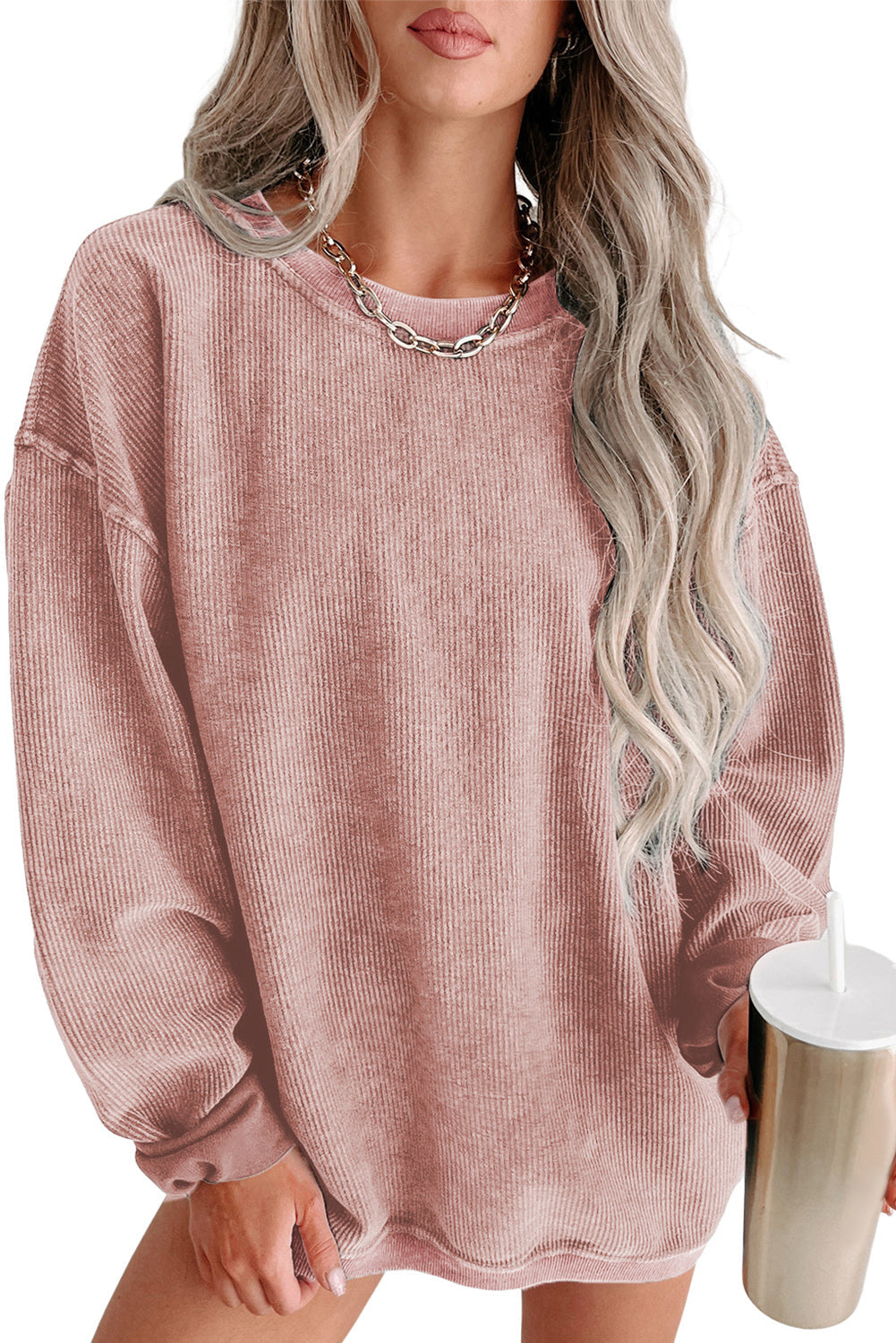 Faith Solid Ribbed Knit Round Neck Pullover Sweatshirt - Gold Cactus