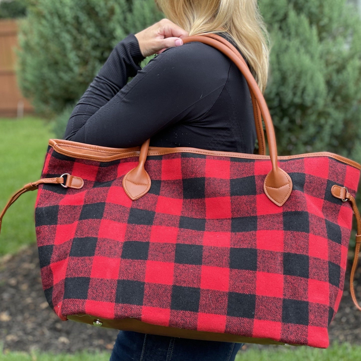 red and black buffalo plaid tote bag