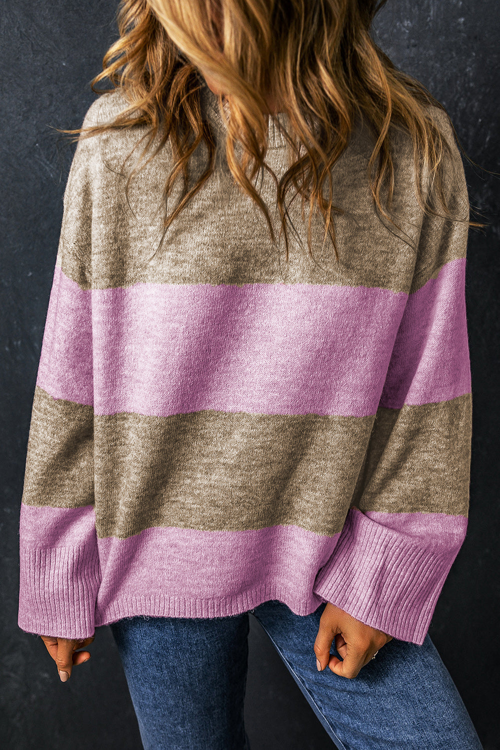 Renata Stripe Crew Neck Wide Sleeve Colorblock Sweater - The Golden Cactus