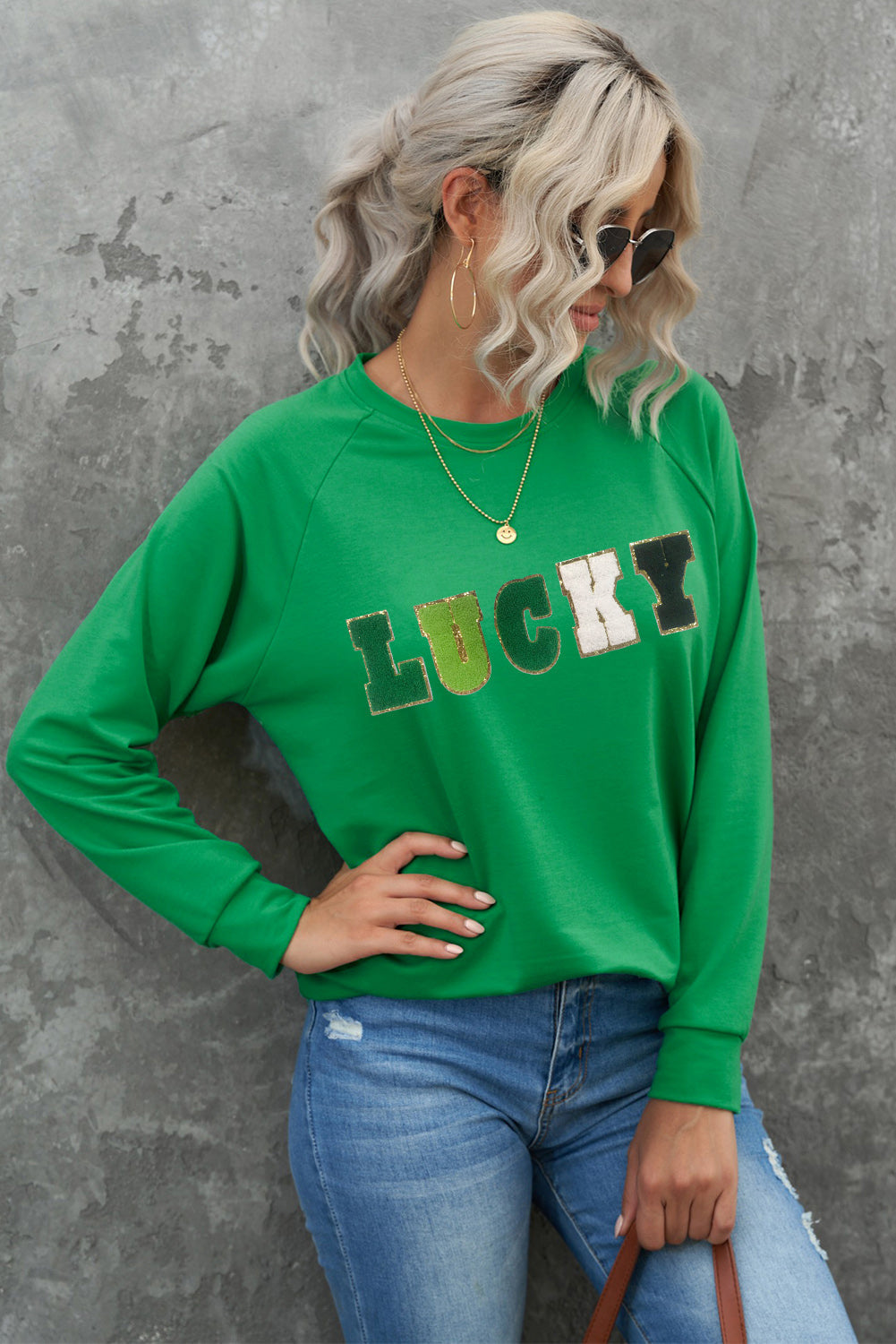 LUCKY Chenille Embroidered Graphic Sweatshirt - Gold Cactus