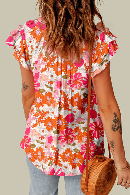 Joy Split V Neck Ruffle Sleeve Floral Blouse - The Golden Cactus