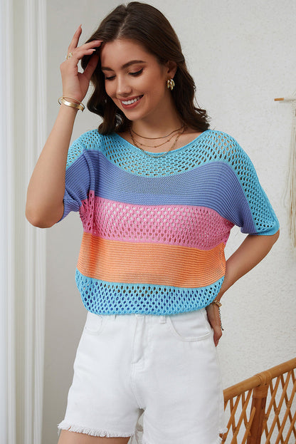 April Knitted Eyelet Colorblock Striped Half Sleeves Top - The Golden Cactus